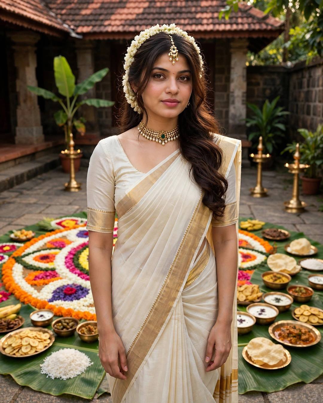 Young woman in an off-white kasavu saree with gold border and jasmine gajra, standing in a Kerala courtyard with pookalam and Onam feast