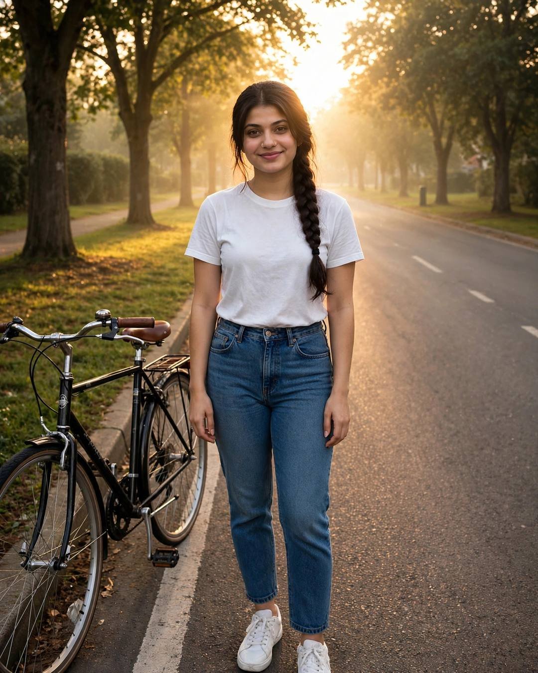 AI photo of a young woman in a white tee and jeans with a bicycle on a tree-lined road at sunrise