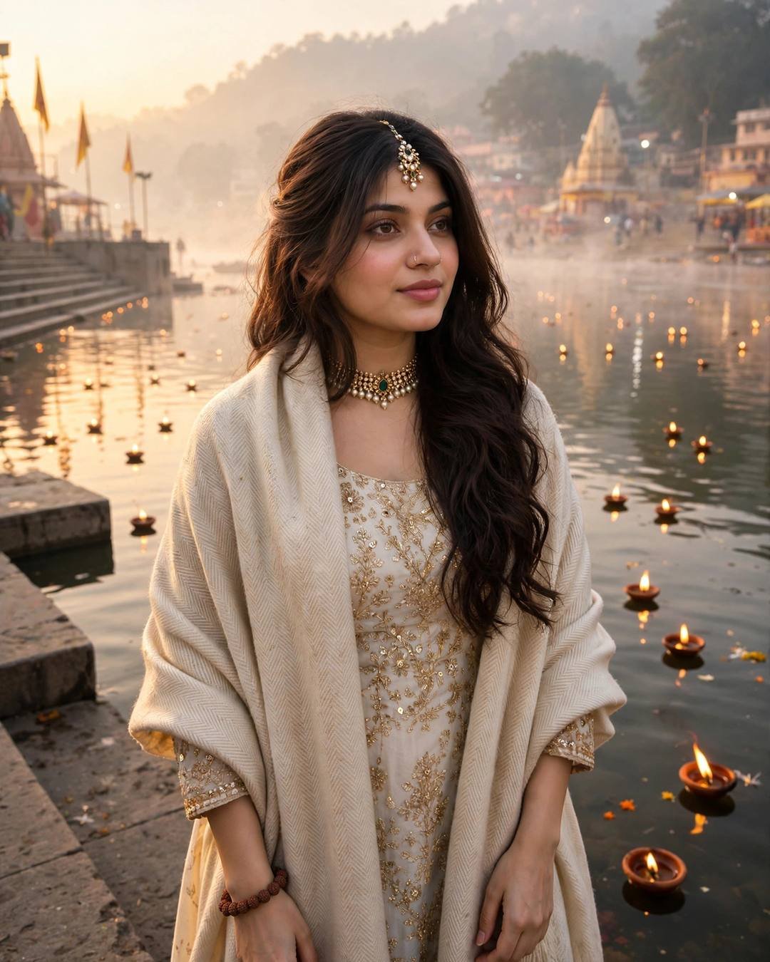 Young woman in an ivory kurta and woollen shawl on a Rishikesh ghat at sunrise with diyas floating on the Ganges
