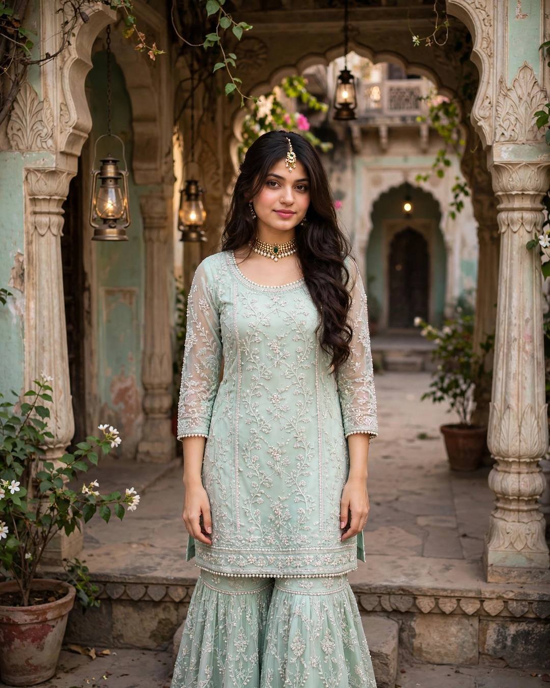Young woman in a pastel-mint Lucknowi chikan sharara with pearl work in an old Lucknow haveli courtyard