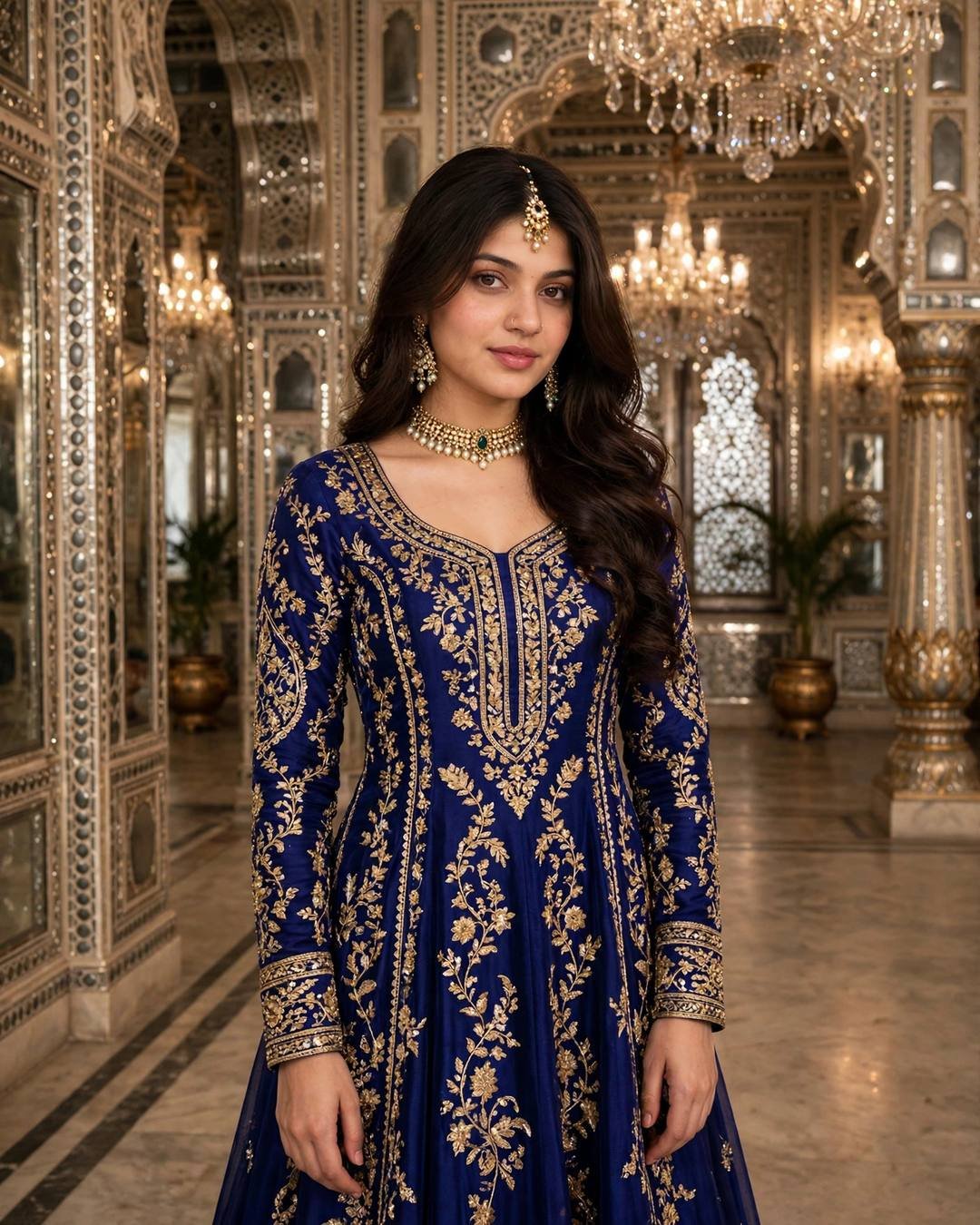 Young woman in a royal-blue anarkali with gold embroidery in a palace durbar hall with chandeliers
