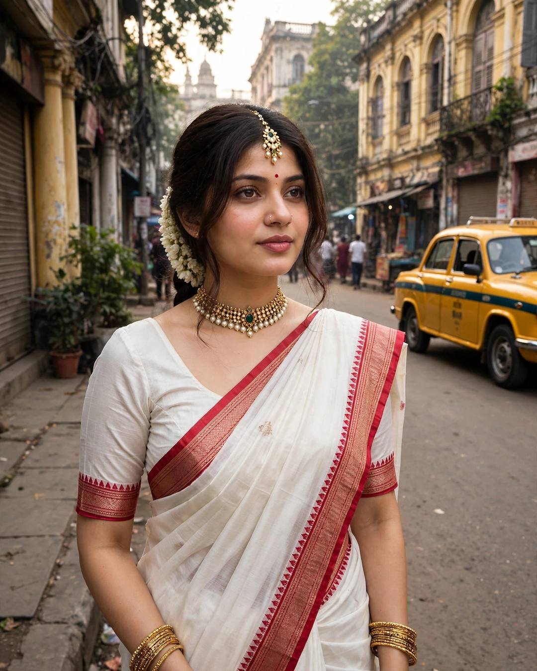 Young woman in a white laal-paar saree with red border on a Kolkata street with a yellow taxi