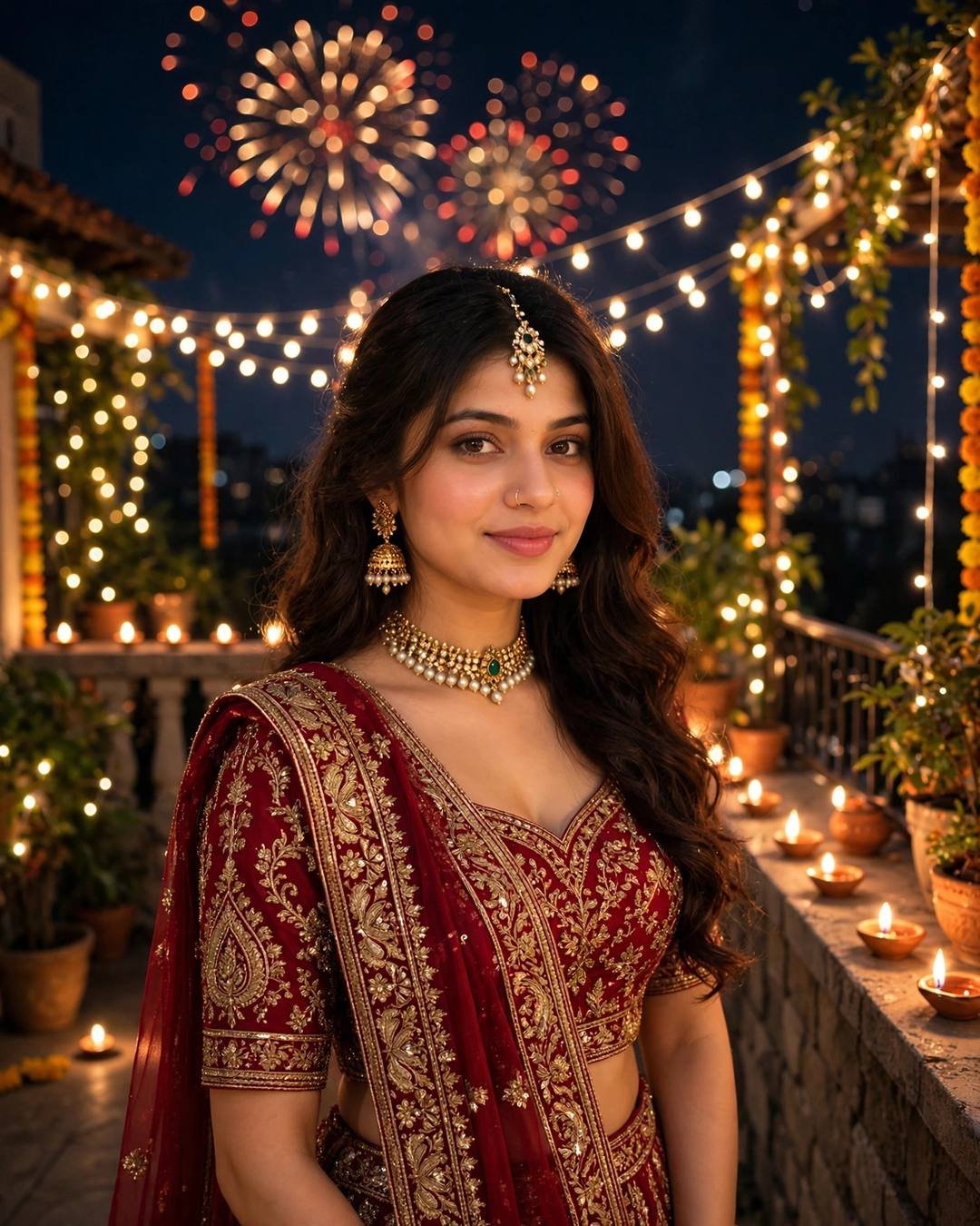 AI portrait of a young woman in a deep-red gold-zardozi lehenga on a diya-lit terrace with fireworks bokeh