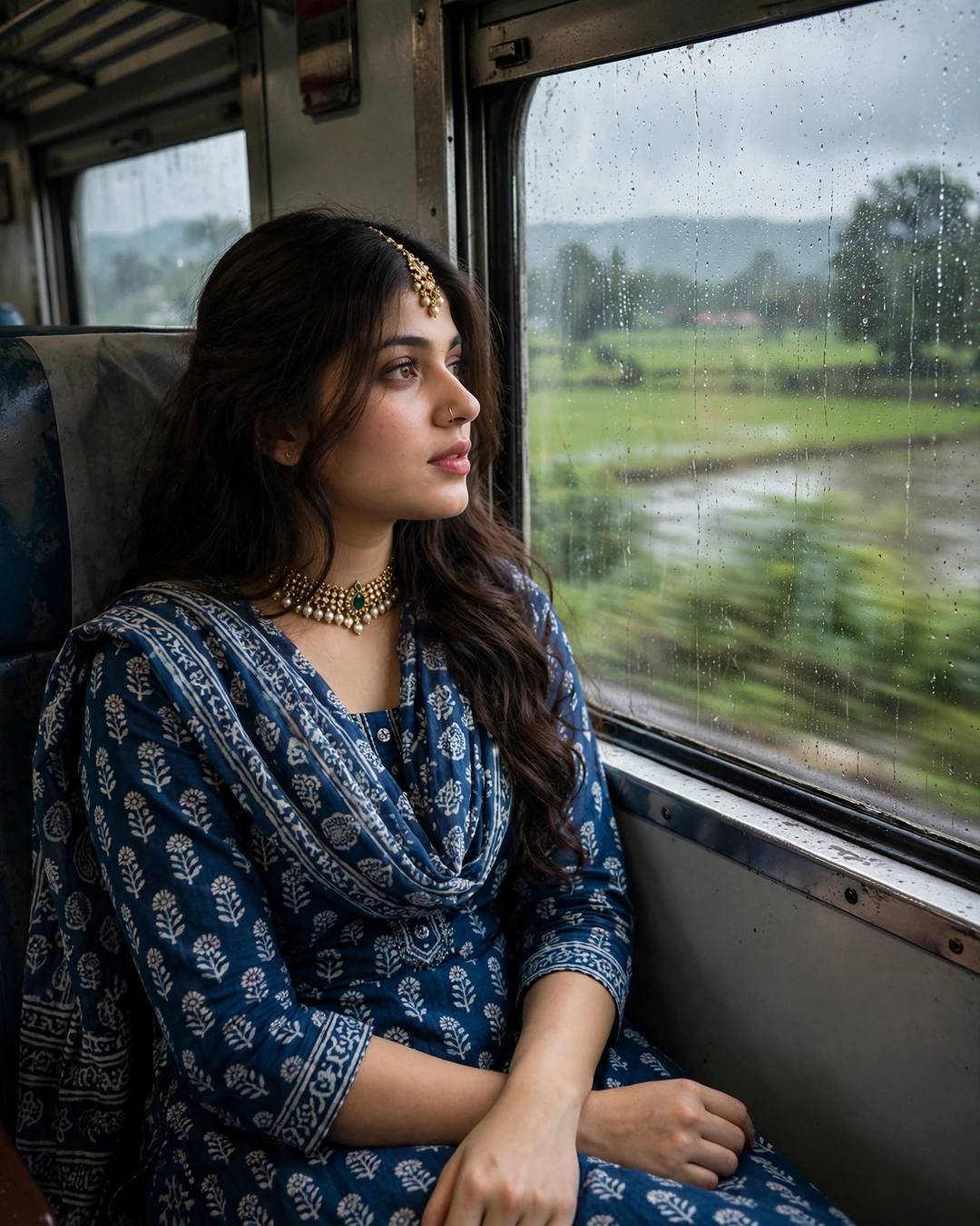 AI portrait of a young woman in an indigo kurti gazing out of a monsoon train window at rain-streaked green fields
