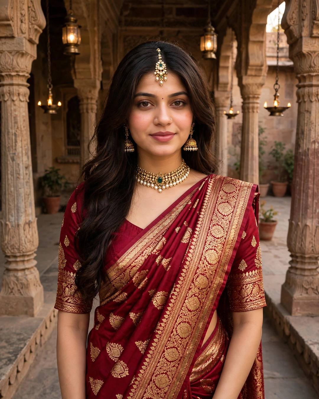 AI portrait of a young woman in a deep-red Banarasi silk saree with temple jewellery in a sandstone haveli courtyard
