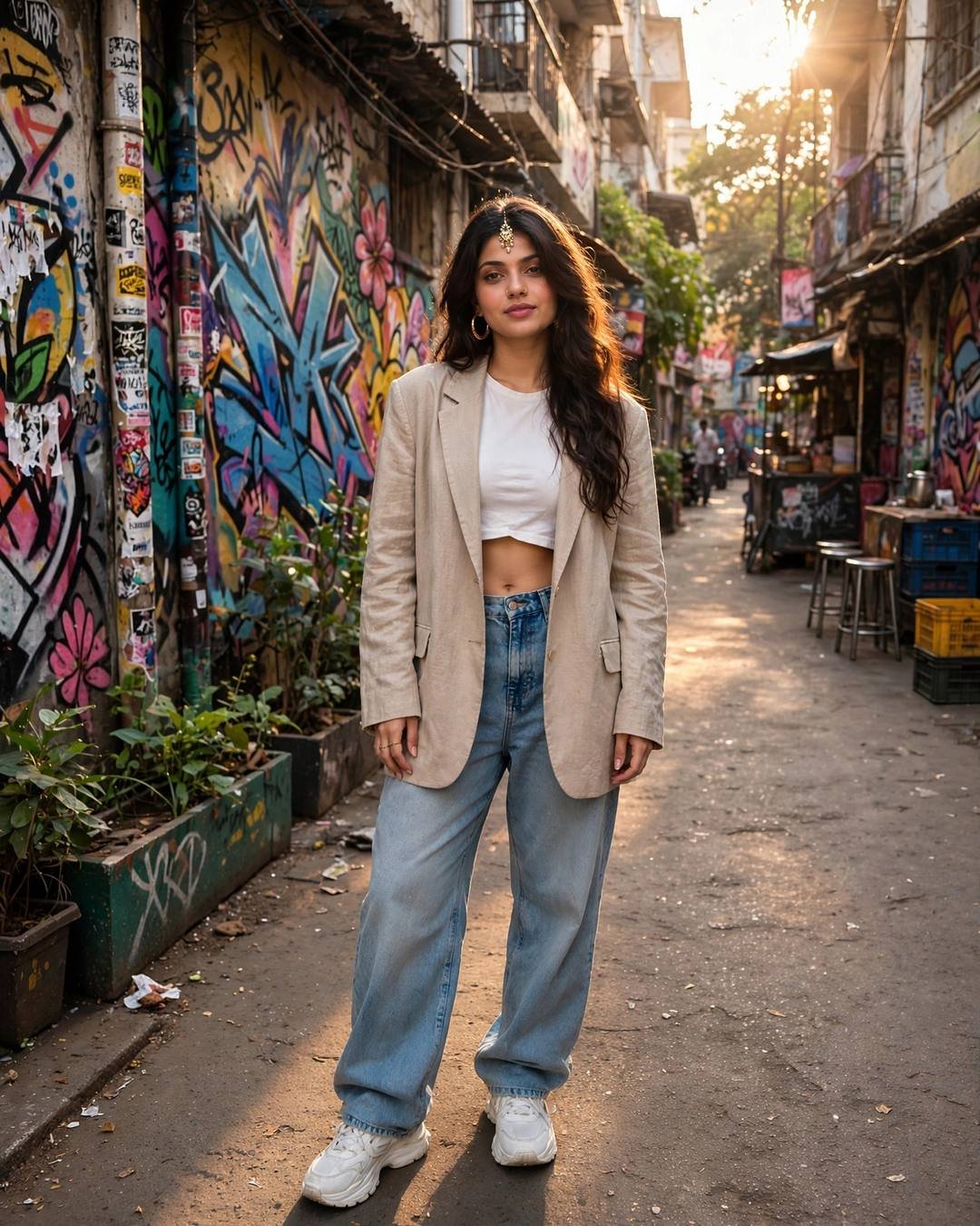 AI street-style photo of a young woman in an oversized beige blazer and baggy jeans in a Bandra graffiti lane