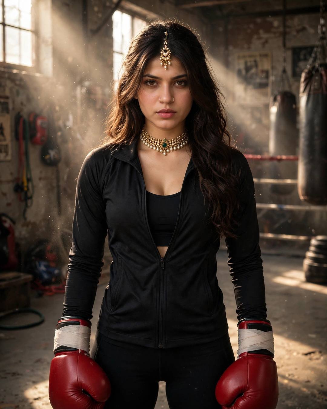 Young woman in a black athleisure set and red boxing gloves standing in a gritty old-school boxing gym with light beams through dust