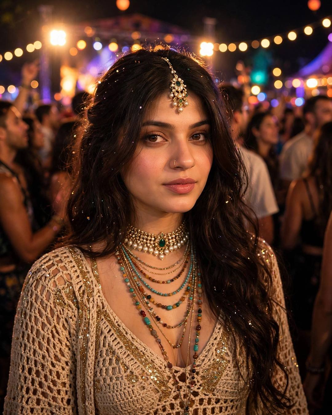 Young woman in a boho crochet top with layered jewellery and glitter at a music concert at night, stage lights glowing in bokeh behind her