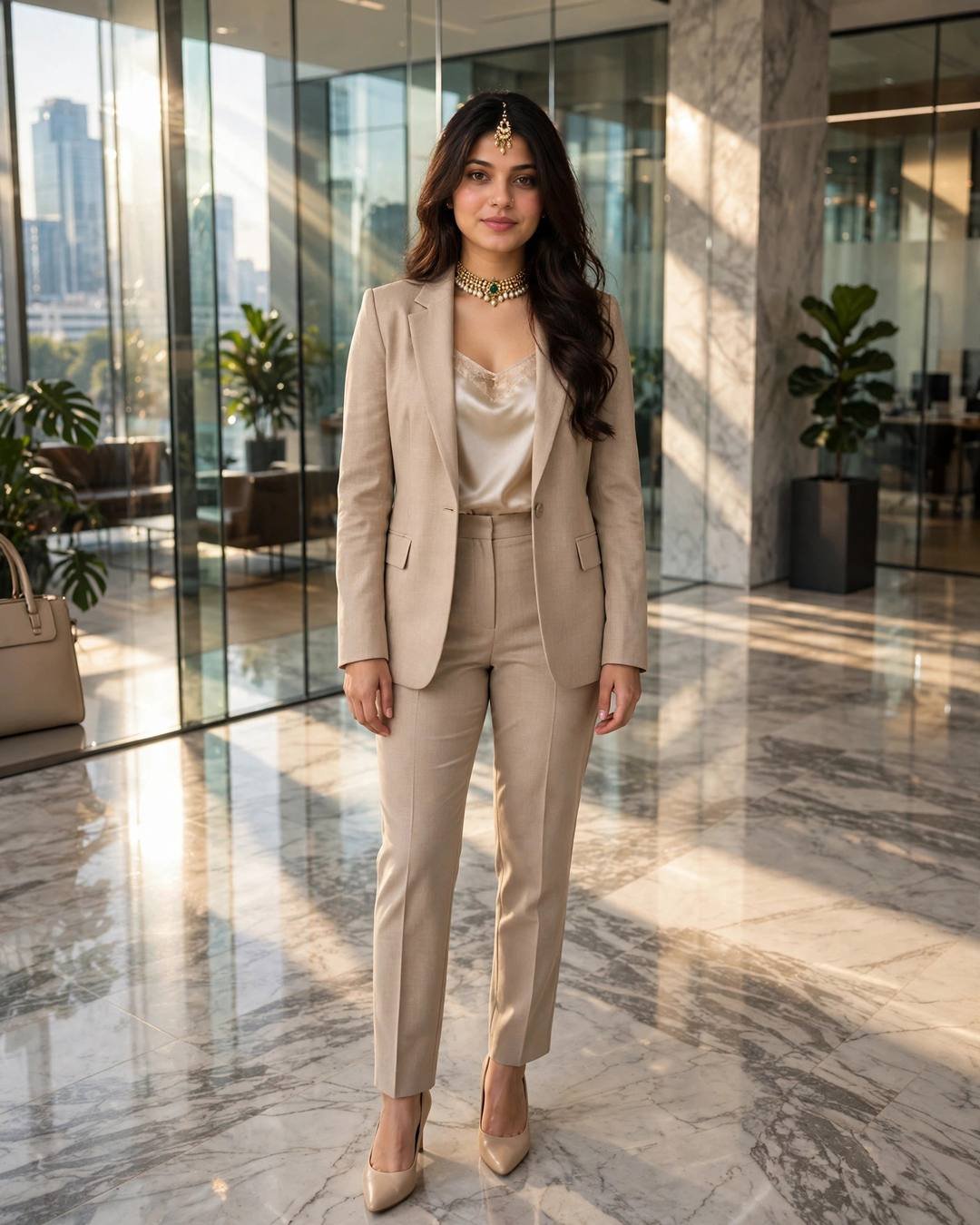 Young woman in a tailored beige pantsuit standing in a glass-walled office lobby with morning light on marble