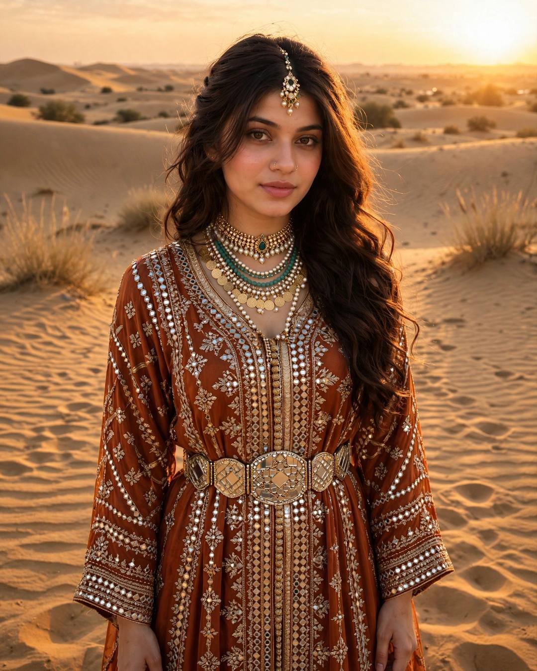 Young woman in a rust mirror-work kaftan with layered necklaces on the Jaisalmer sand dunes at sunset