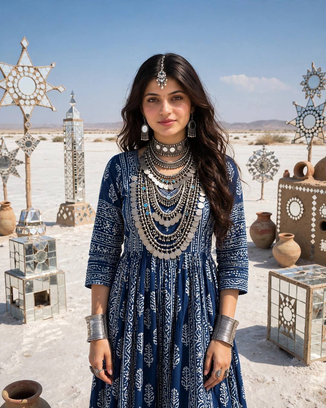 Young woman in an indigo ajrakh-print dress with silver tribal jewellery standing in the Kutch white desert among mirror installations