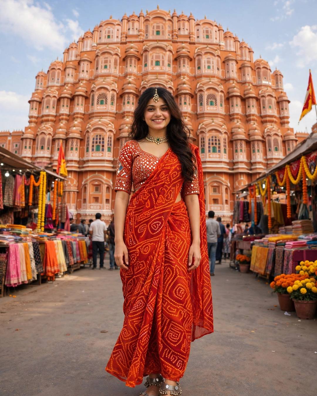 Young woman in an orange-red bandhej saree with mirror-work blouse standing before Jaipur's Hawa Mahal