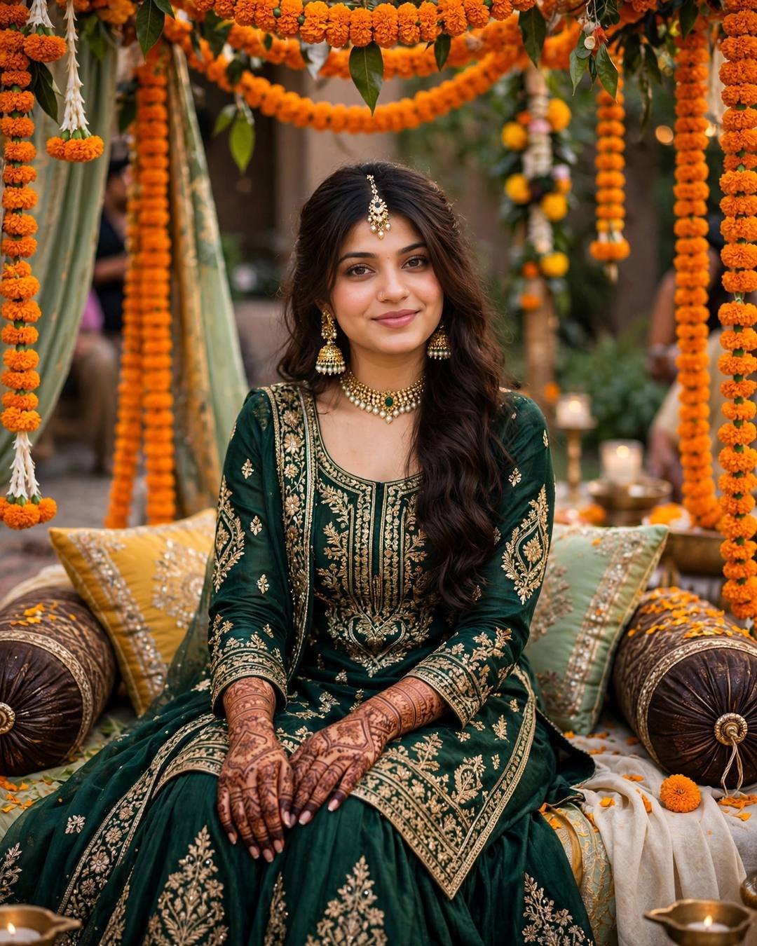 Young woman in an emerald-green sharara with henna-adorned hands seated under a marigold canopy at a mehendi ceremony