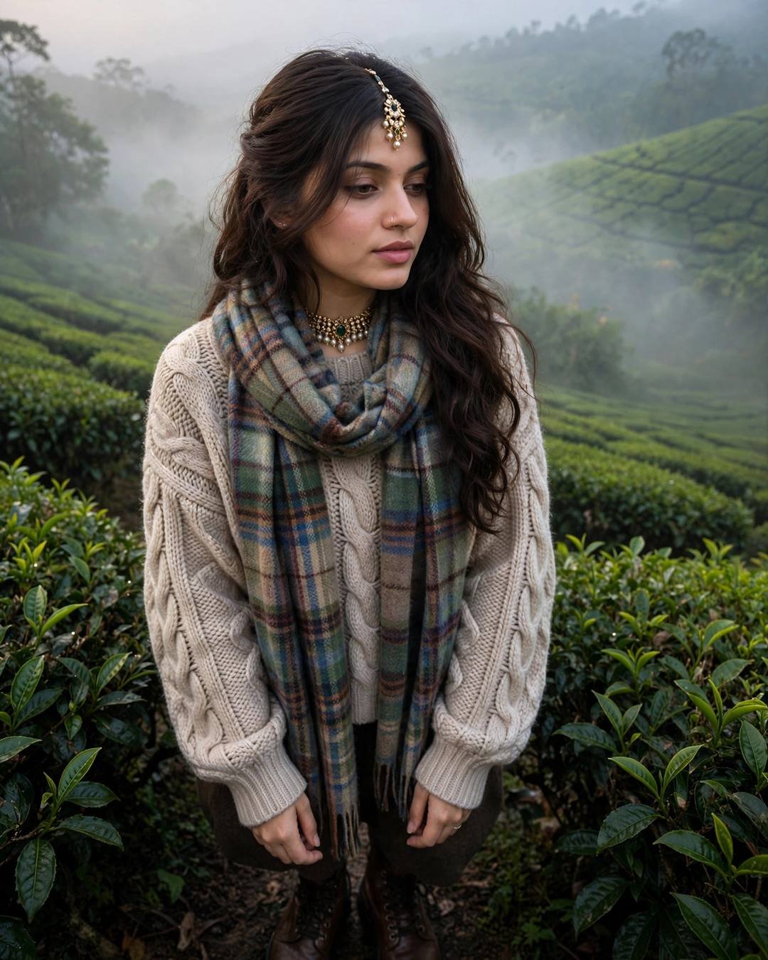 Young woman in a cream knit sweater and plaid scarf standing in misty Munnar tea gardens at dawn