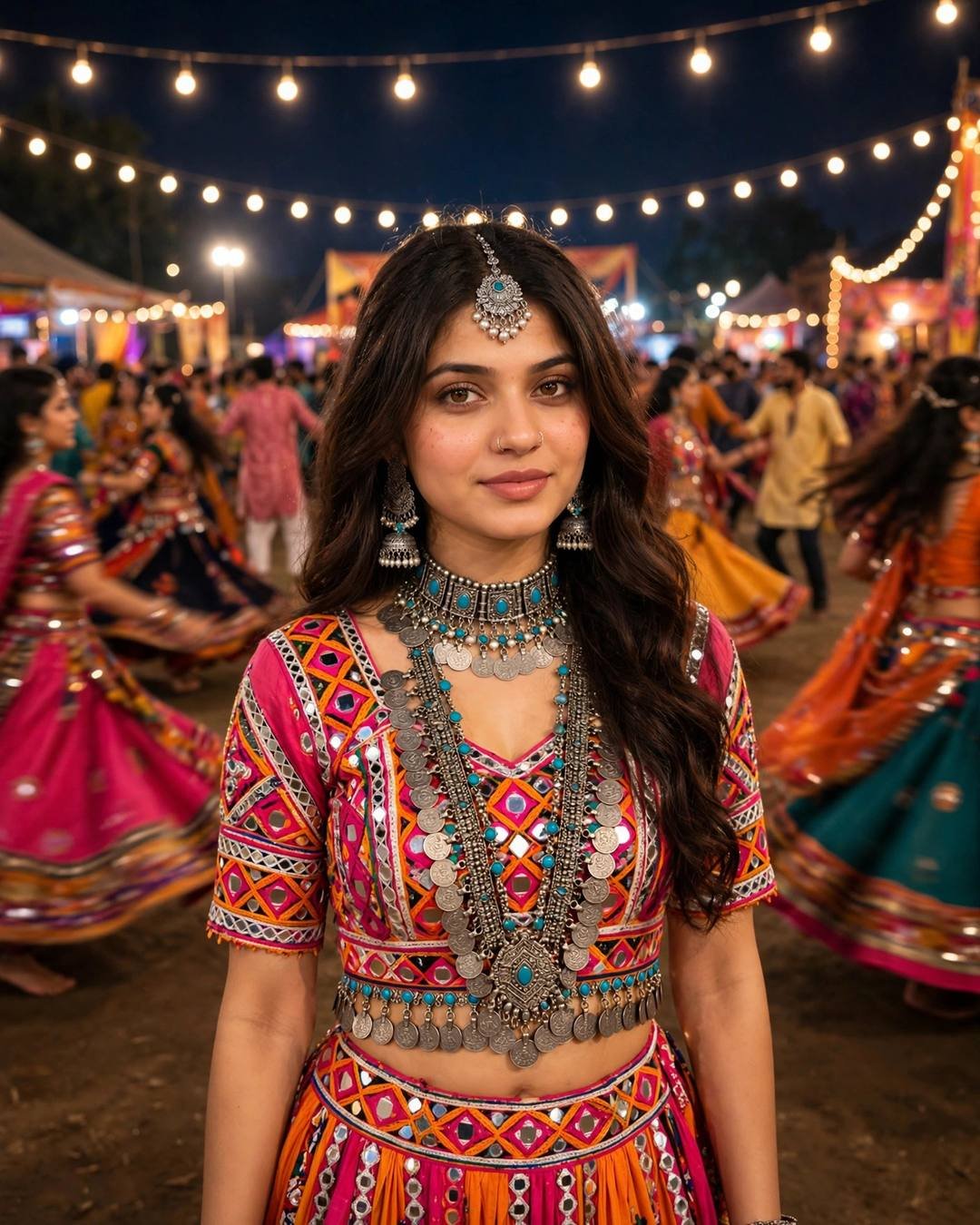 Young woman in a pink and orange mirror-work chaniya choli twirling on a garba ground at night under string lights