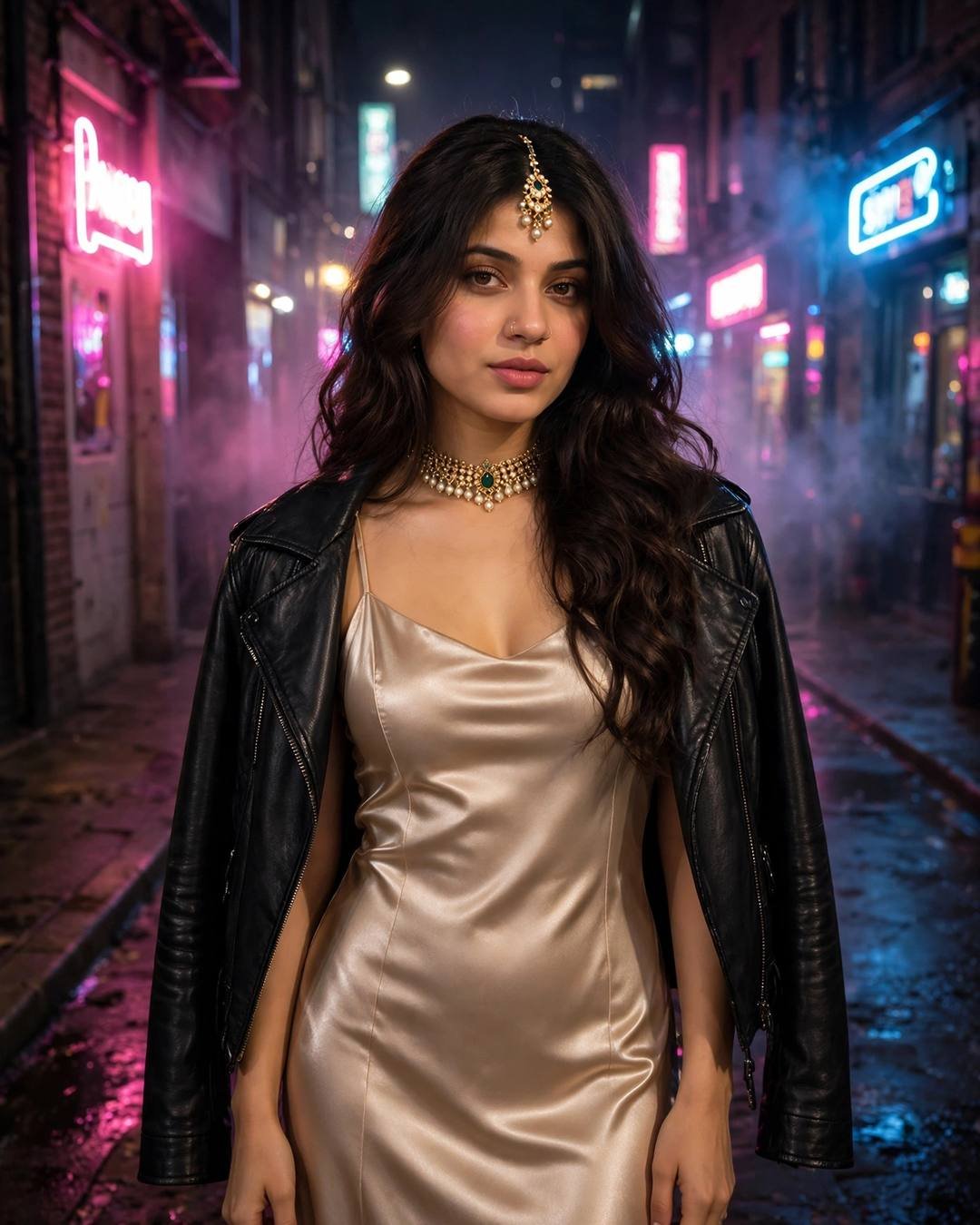 Young woman in a champagne satin slip dress with a leather jacket walking a neon-lit alley at night