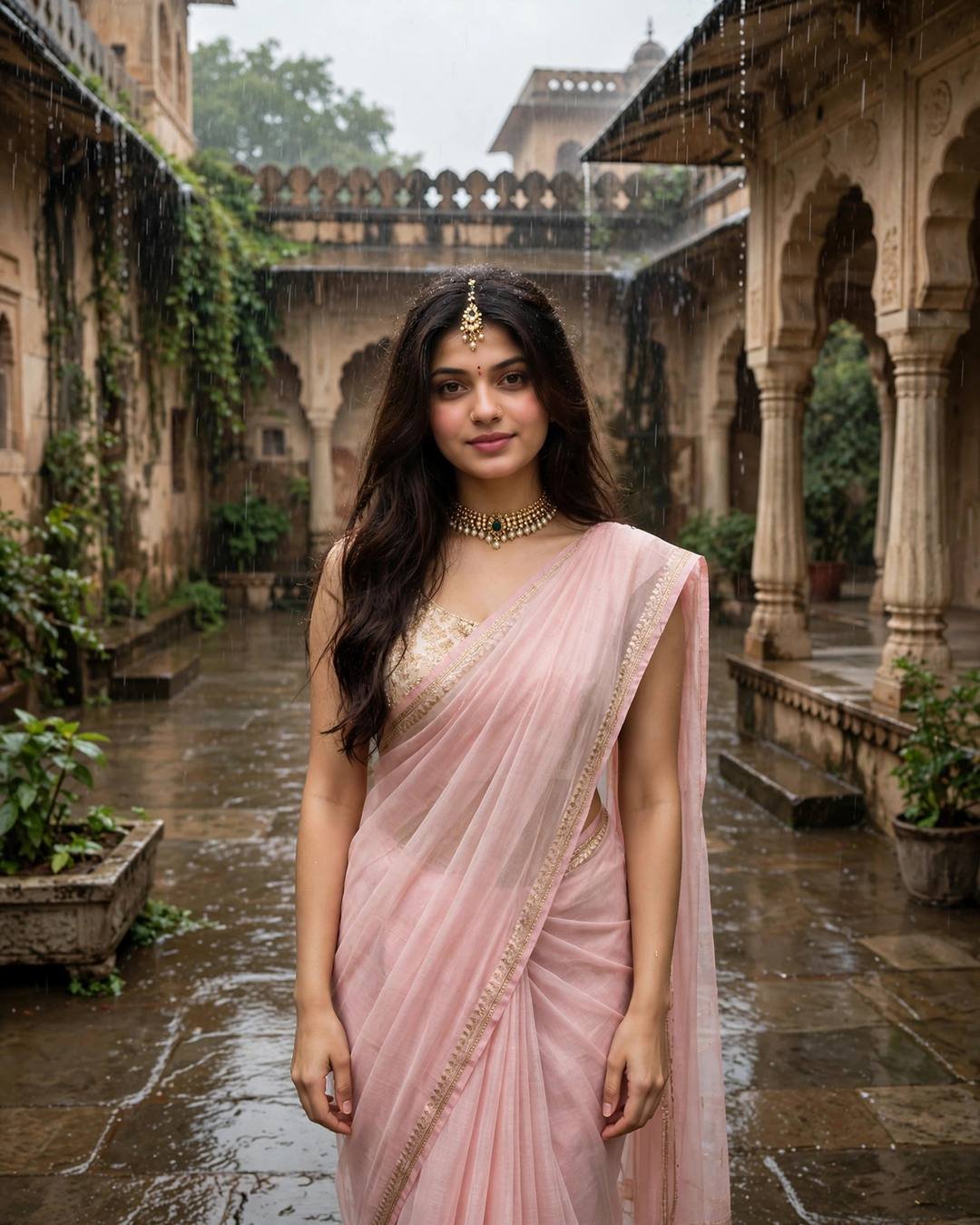 Young woman in a pastel-pink kota doria saree with a gold border standing in a rain-washed palace courtyard