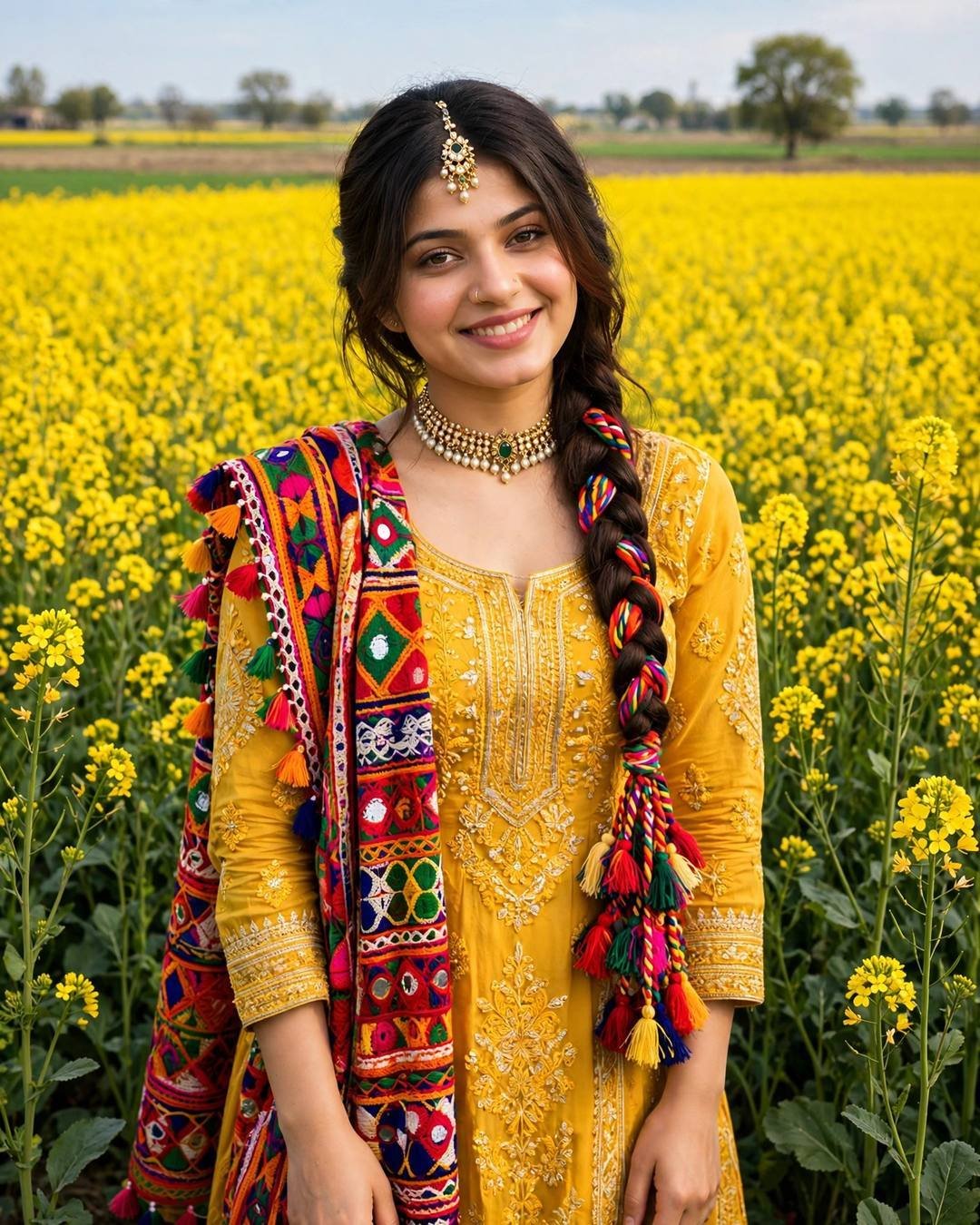 Young woman in a yellow phulkari suit with a colourful dupatta and parandi braid standing in blooming mustard fields