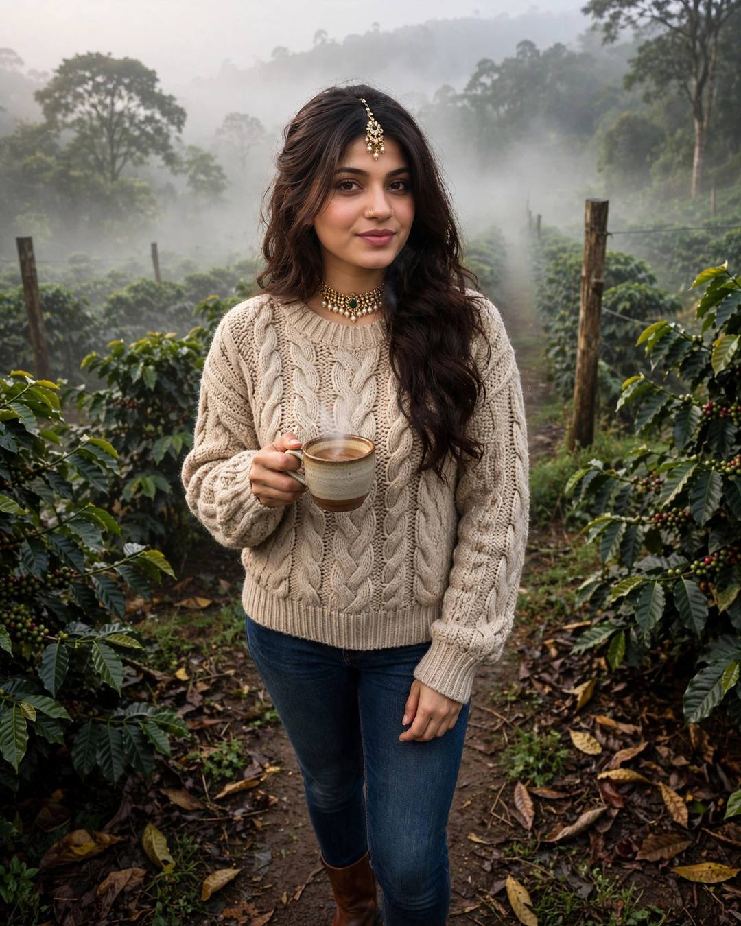 Young woman in a chunky cable-knit sweater and jeans holding a coffee cup in a misty Coorg coffee estate at dawn