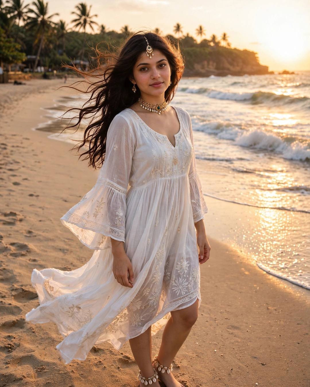 Young woman in a flowy white beach dress with shell anklets and windswept hair walking a golden-hour Goan beach