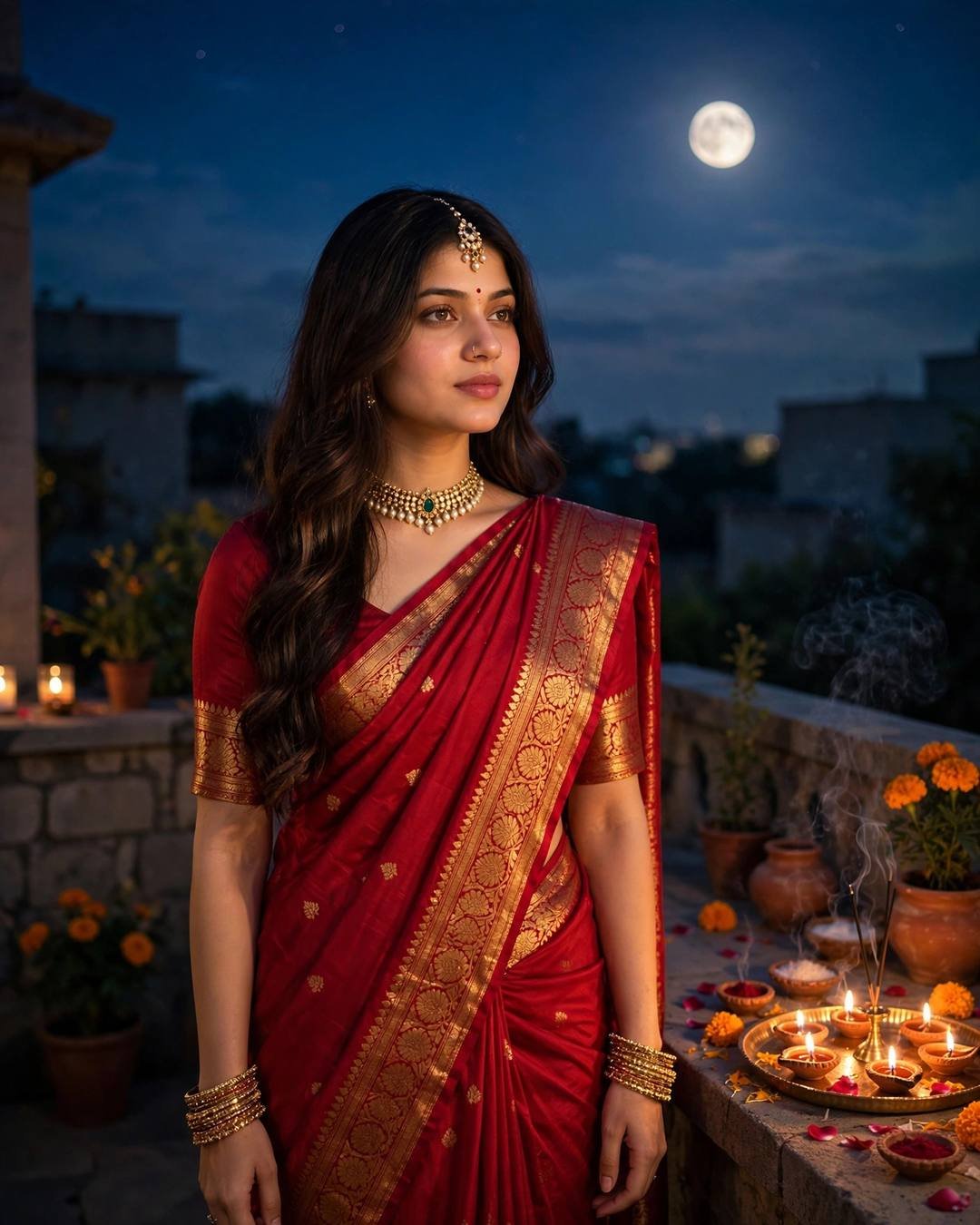 Young woman in a red saree with gold border keeping Karwa Chauth on a terrace at moonrise with a diya-lit thali