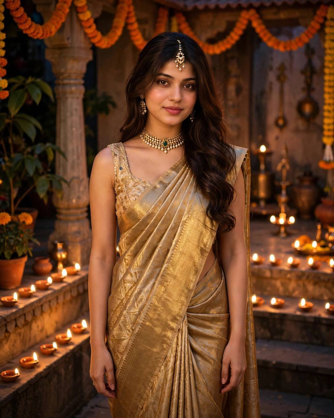 Young woman in a gold tissue saree and temple jewellery standing in a courtyard lit with rows of diyas for Dhanteras