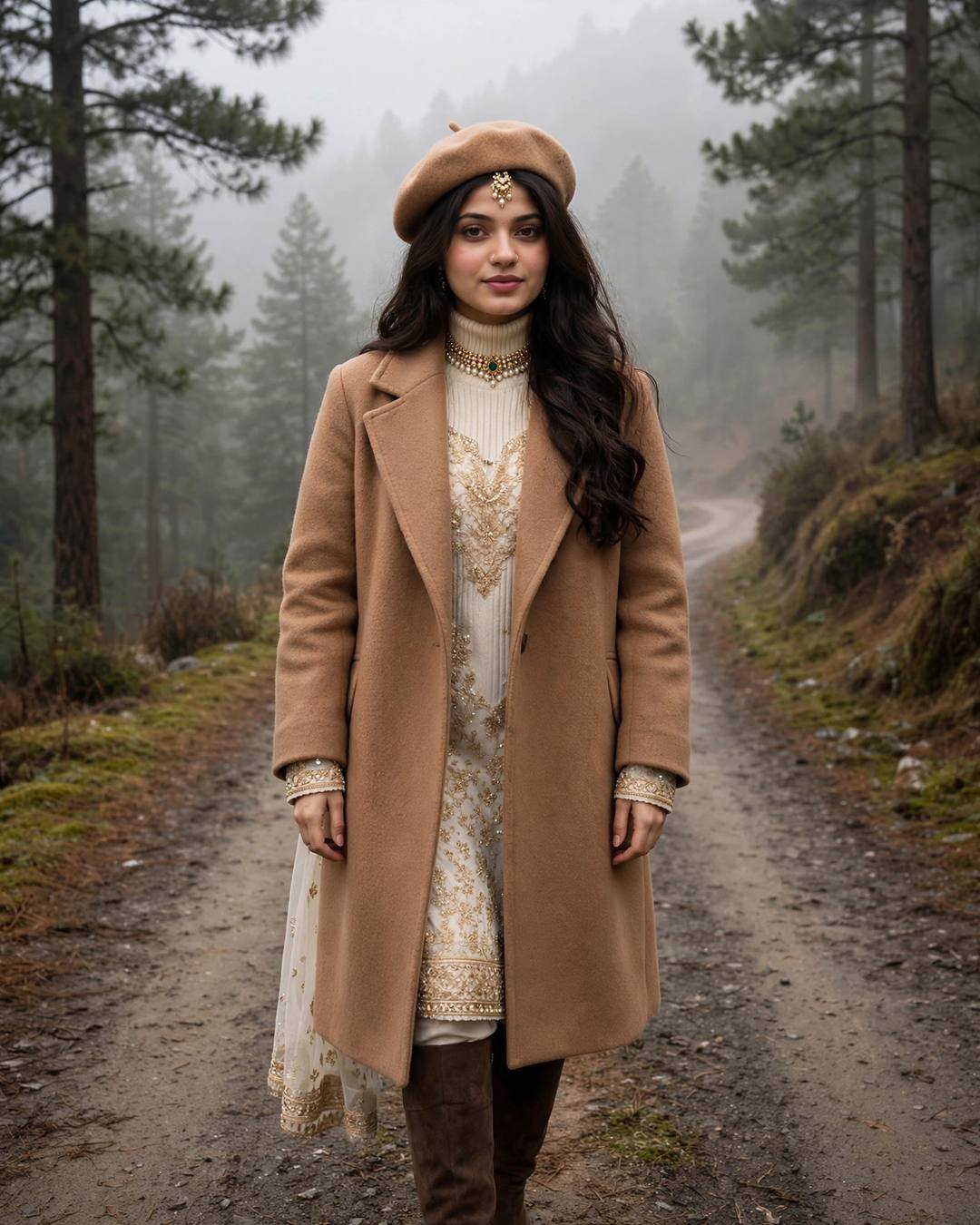 Young woman in a camel wool coat, beret and knee-high boots walking a misty hill road lined with pine trees