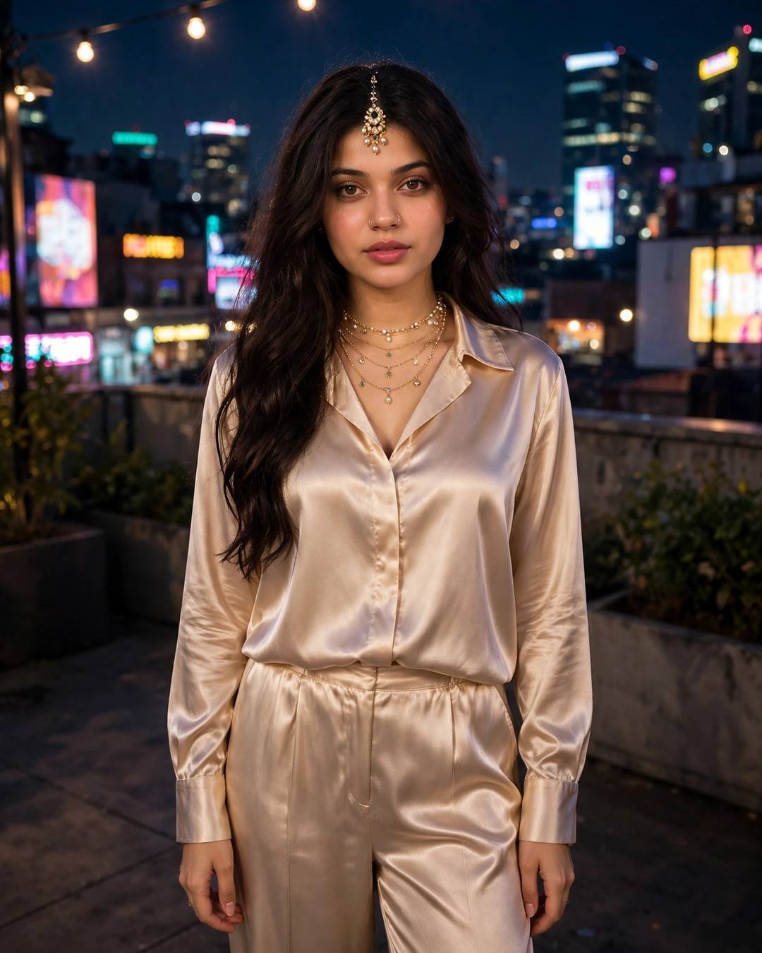 Young woman in a champagne satin co-ord set with layered necklaces on a rooftop at night against a neon skyline