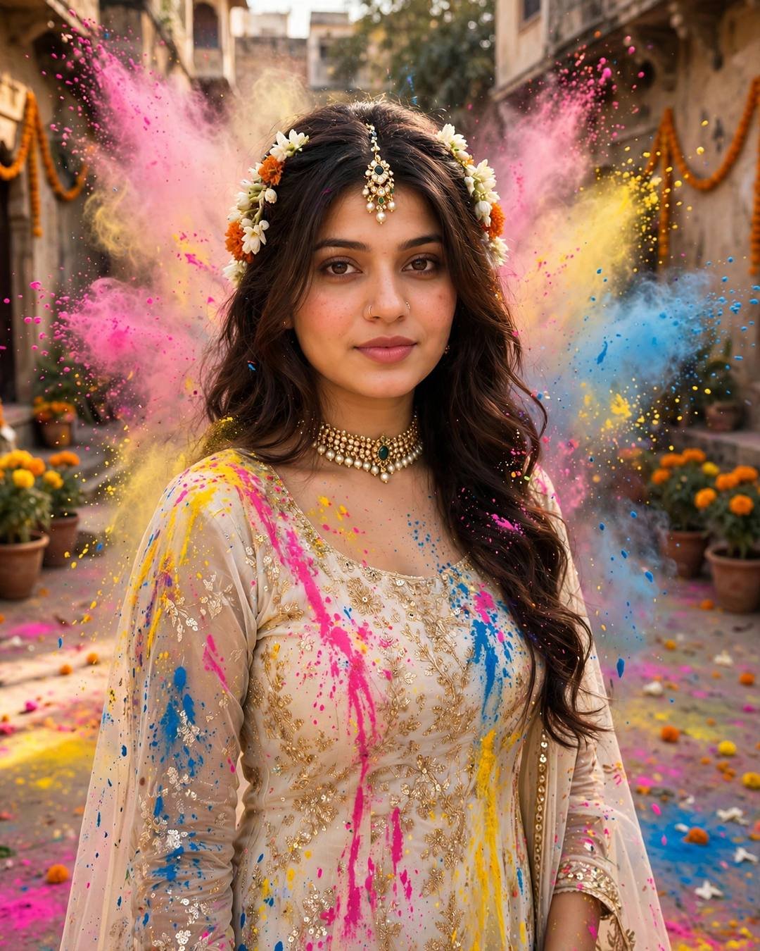 Young woman in a white kurta splashed with pink, yellow and blue gulal, flowers in her hair, standing in a courtyard amid clouds of colour powder