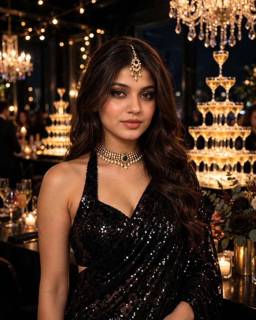 Young woman in a black sequin saree with a halter blouse at a cocktail venue with champagne towers and crystal chandeliers