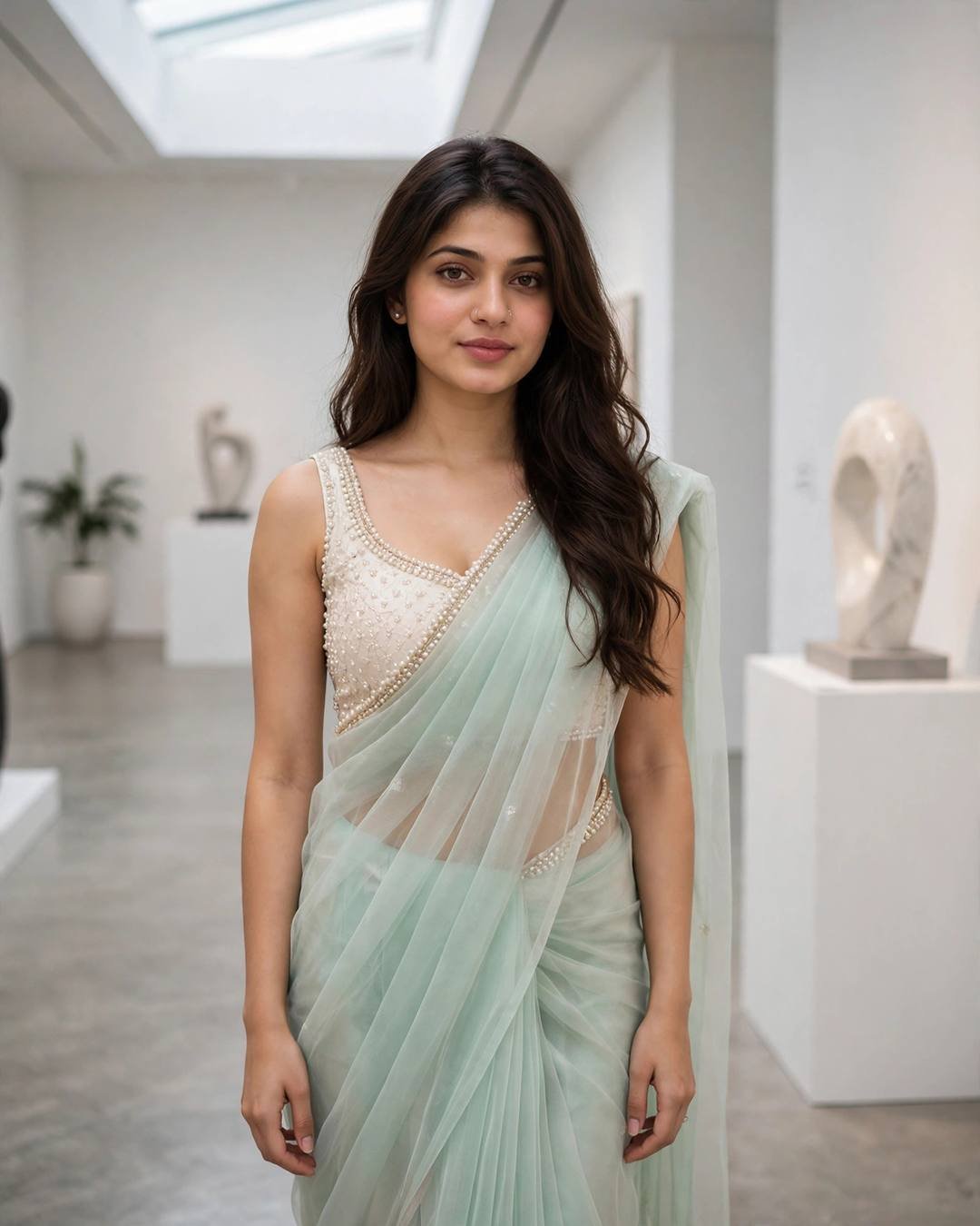 Young woman in a pastel-mint organza saree with a pearl-embellished sleeveless blouse, standing in a minimalist white art gallery under a skylight