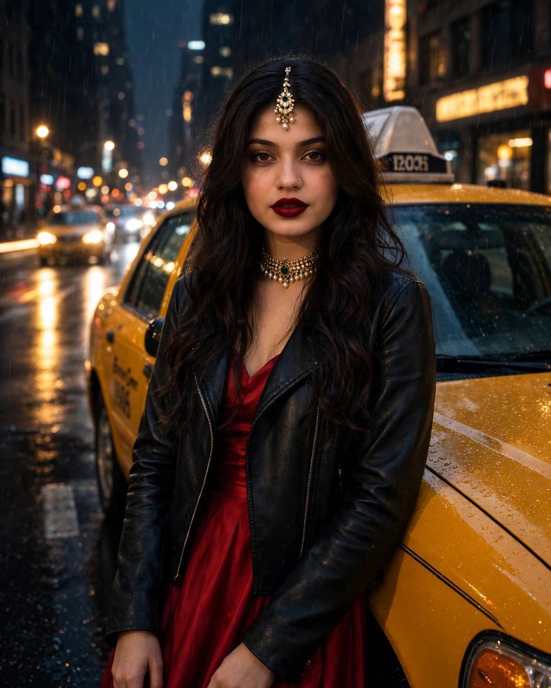 Young woman in a black leather jacket over a red dress with bold lips, leaning on a yellow taxi on a rain-wet midnight city street