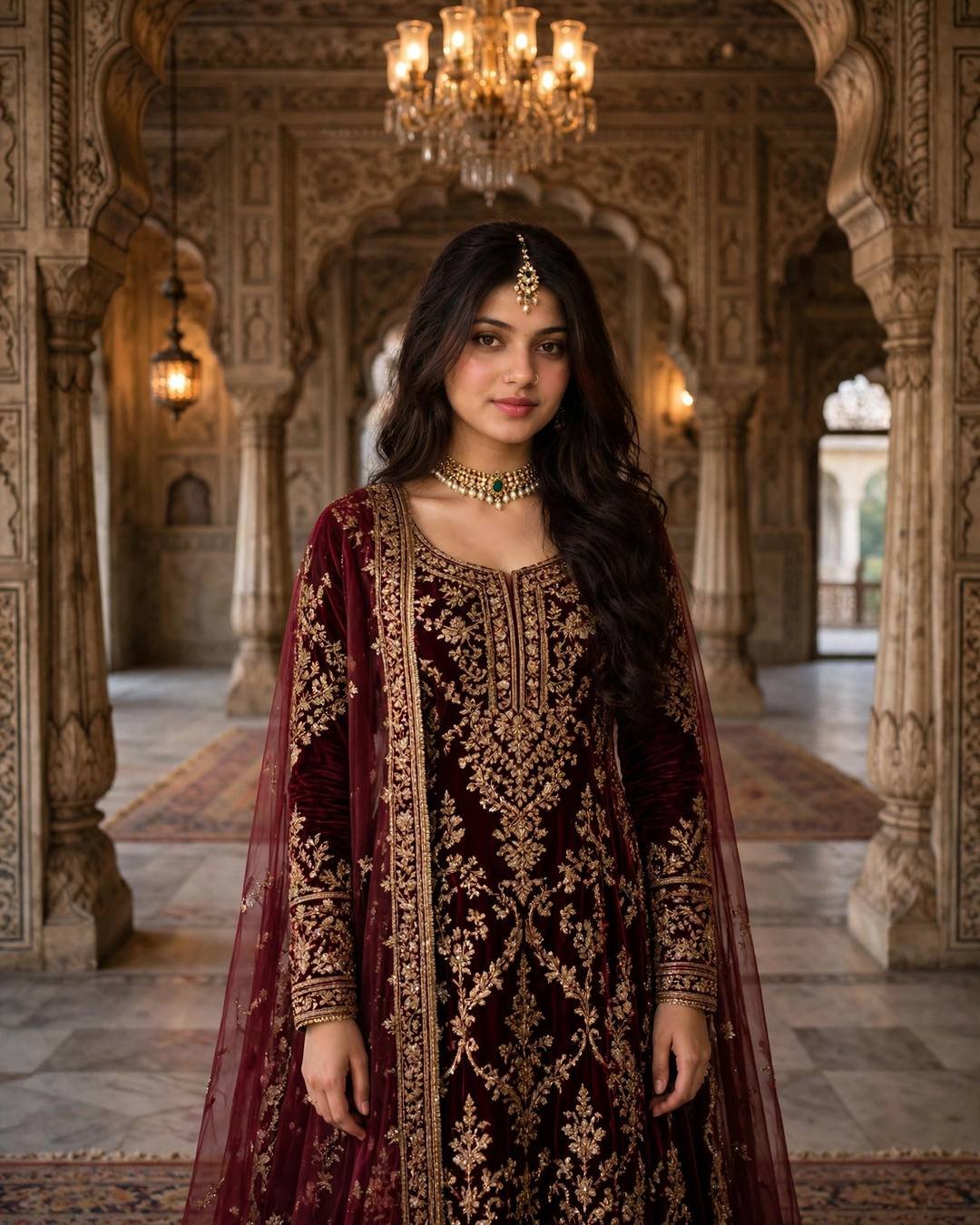 Young woman in a maroon velvet sharara with gold dabka work and a sheer dupatta, standing in a Mughal palace hall with arched doorways and chandeliers