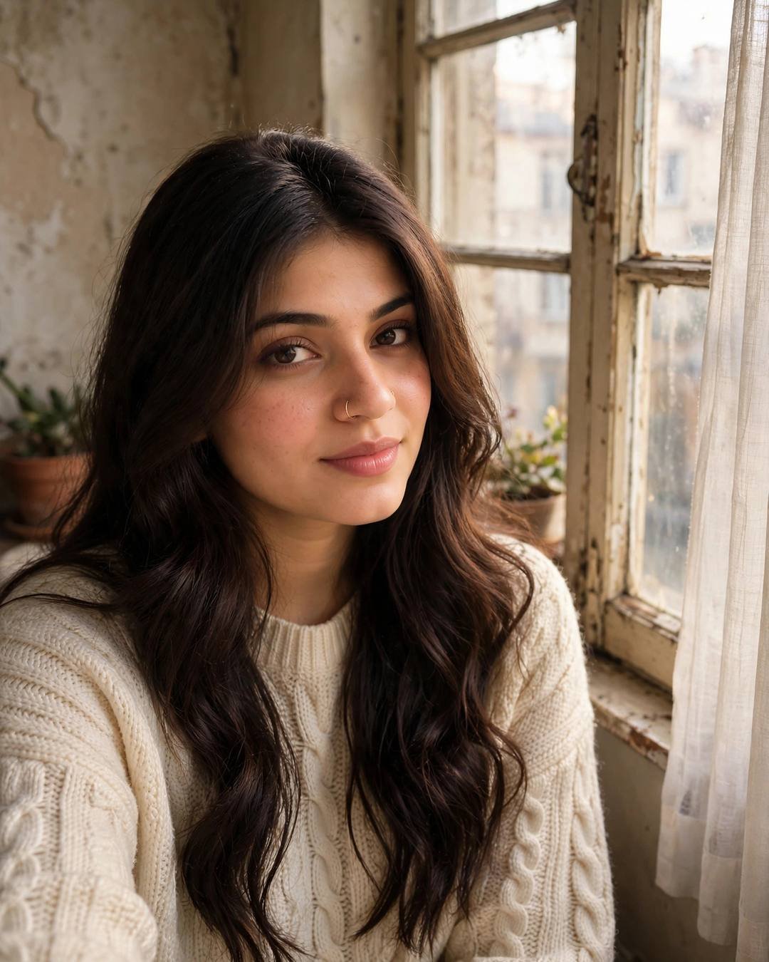 Young woman in a cream knit sweater with minimal makeup and soft waves, sitting beside an old apartment window in soft directional daylight