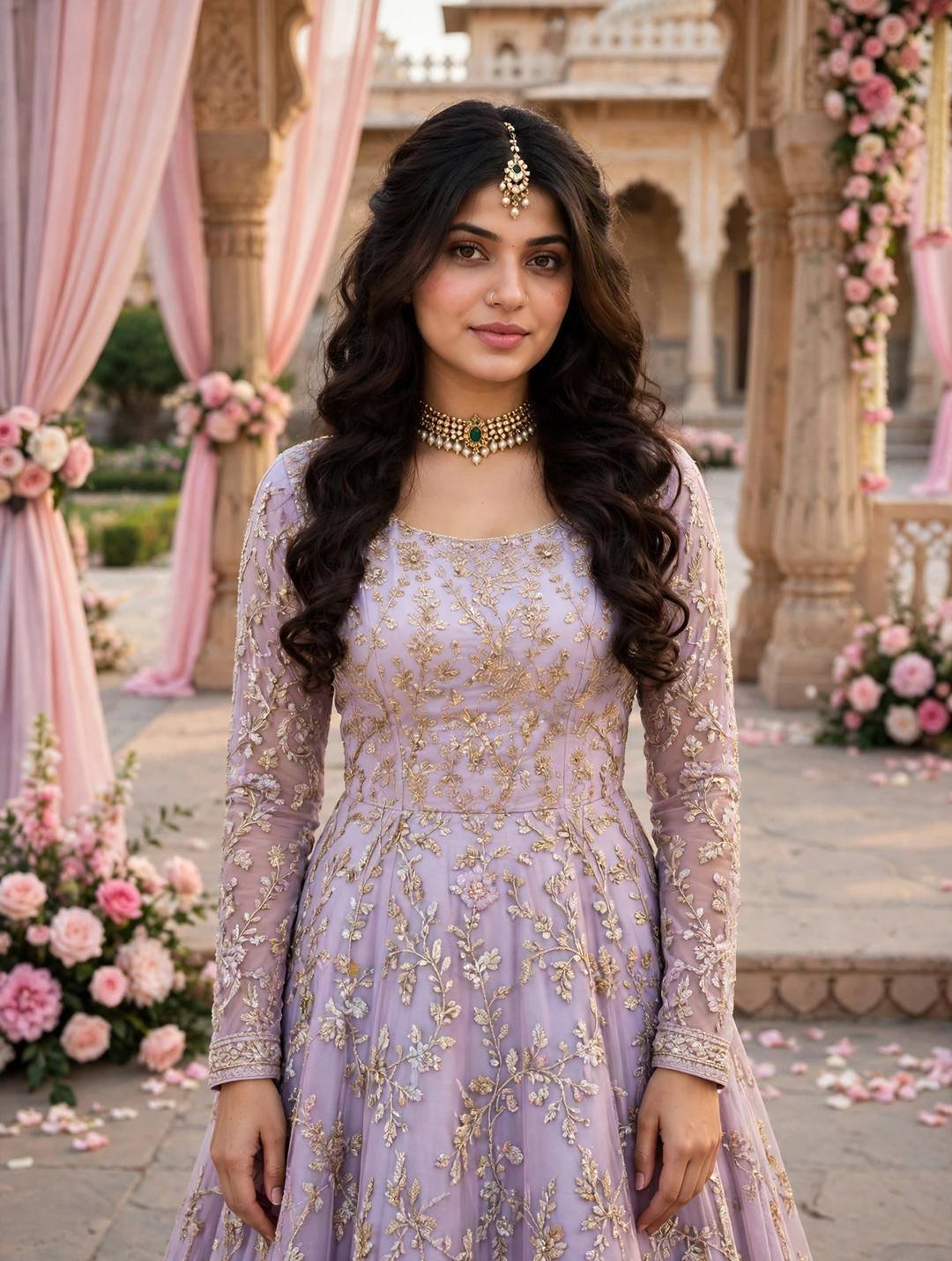 Young woman in a pastel-lavender lehenga with gold threadwork standing in a flower-draped royal palace courtyard