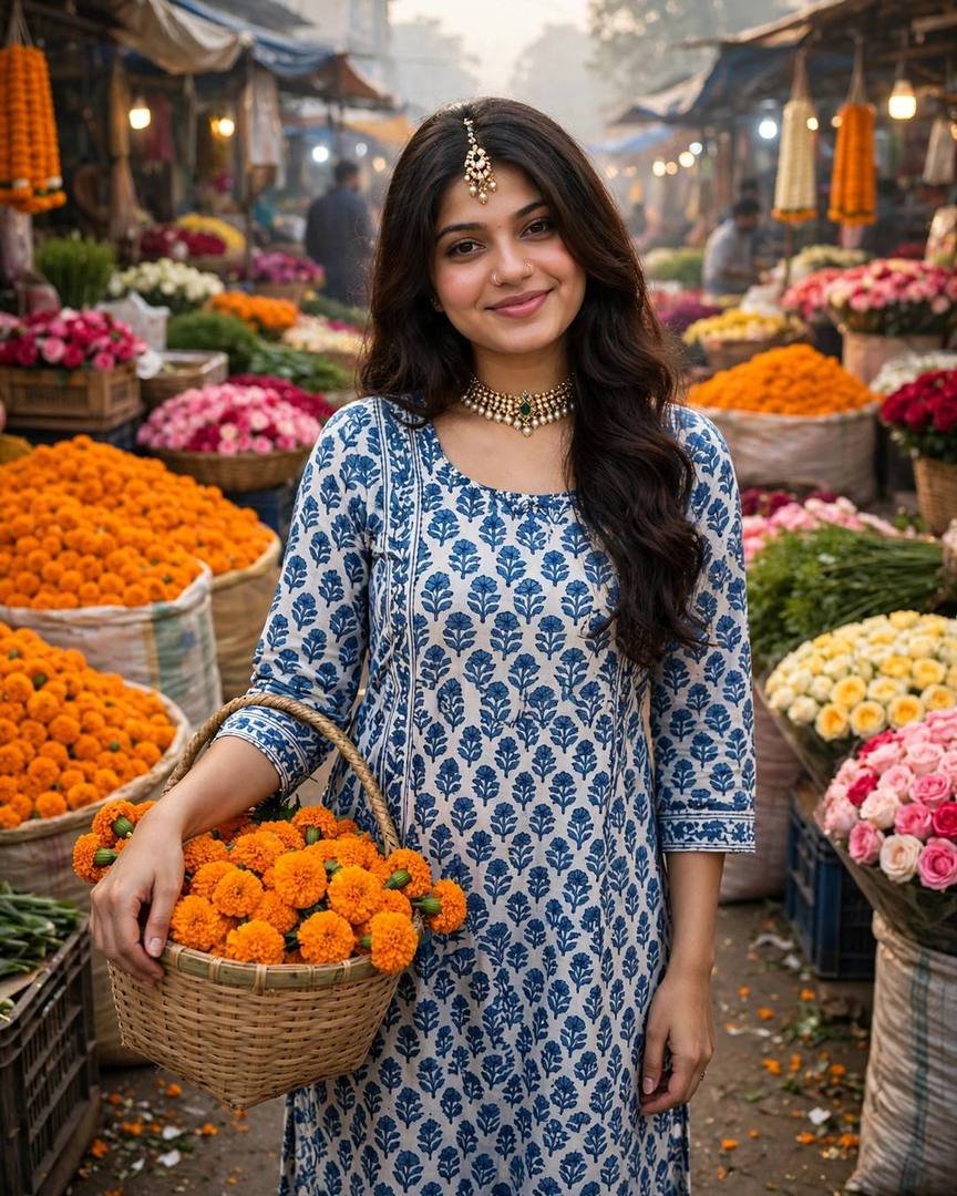Young woman in a blue block-print cotton dress holding a basket of marigolds in a wholesale flower market at dawn