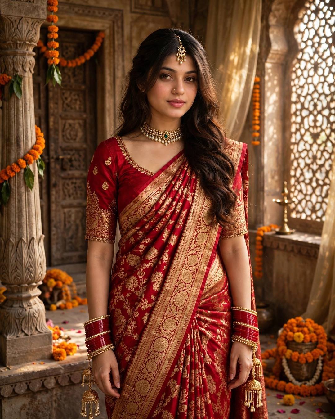 Young woman in a bridal red Banarasi silk saree with gold zari, red bangles and gold kalire in a palace chamber