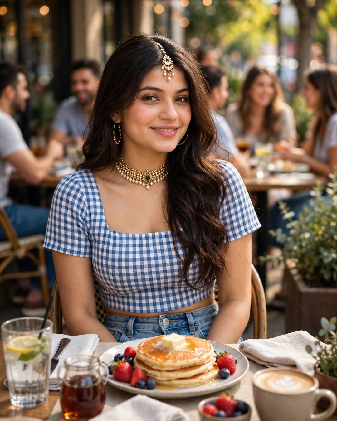 Young woman in a blue gingham crop top and jeans smiling at a sunny brunch table with pancakes and coffee