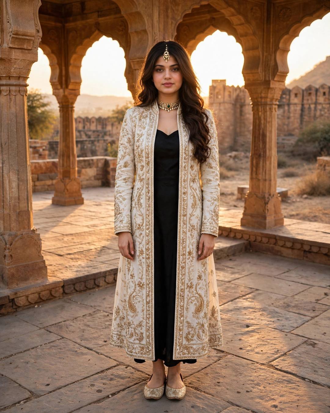 Young woman in an ivory embroidered long jacket over a black slip dress standing under sandstone fort arches at golden hour