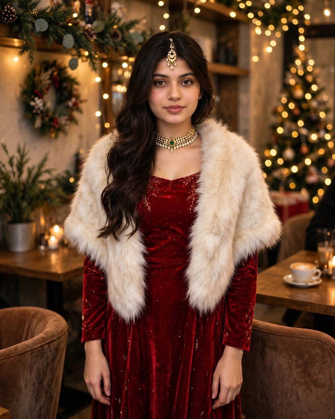 Young woman in a red velvet dress and white faux-fur stole standing in a Christmas cafe with fairy lights and a decorated tree