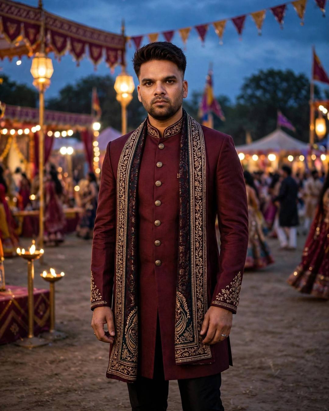 Man in maroon short sherwani with embroidered stole at a garba ground during Navratri at blue hour