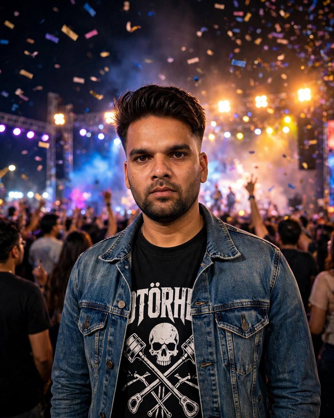 A man in a black band tee and denim jacket standing in a night concert crowd, stage lights glowing and confetti falling around him