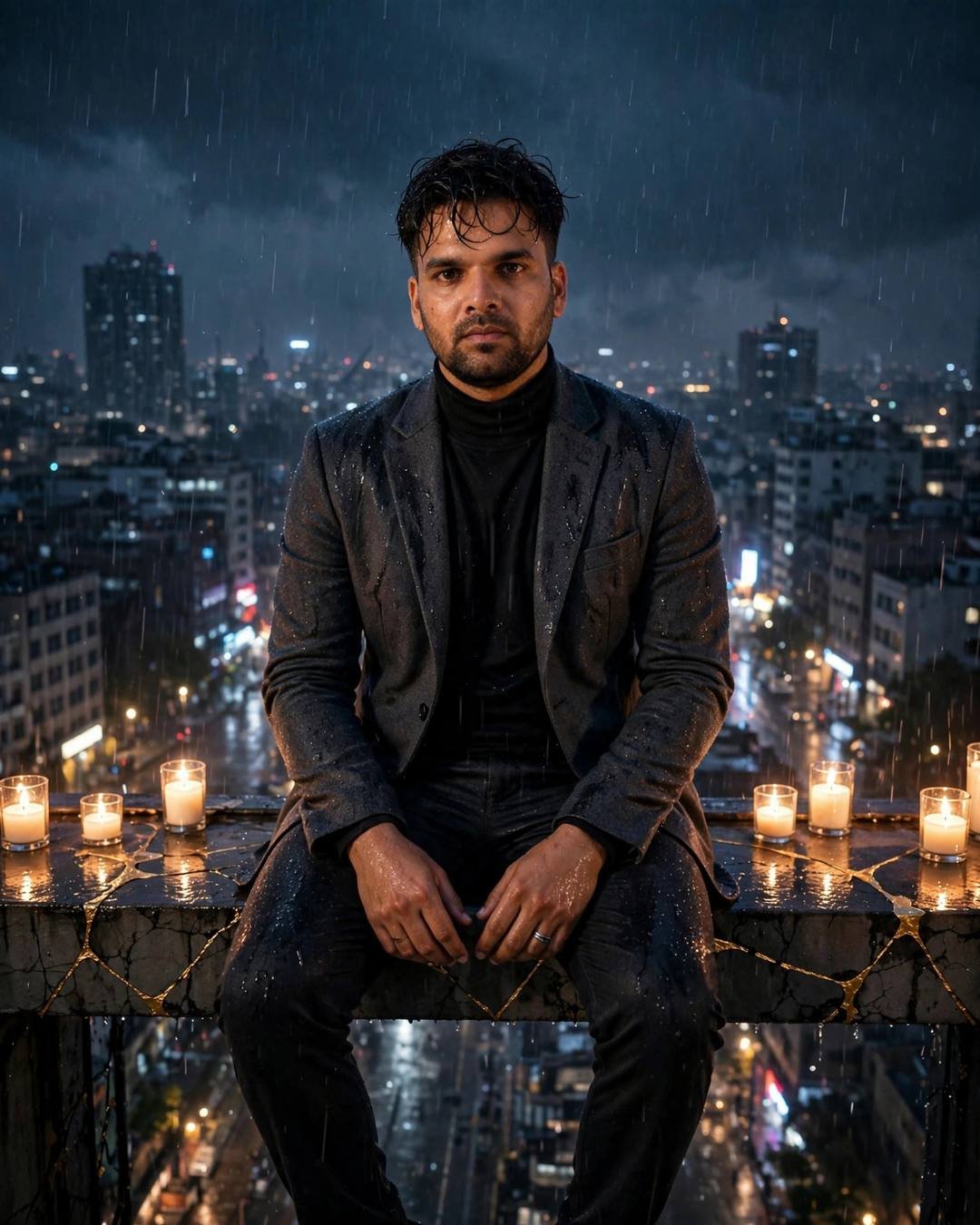 Young man in charcoal blazer and black turtleneck sitting on a rainy rooftop ledge at midnight, candles and city lights