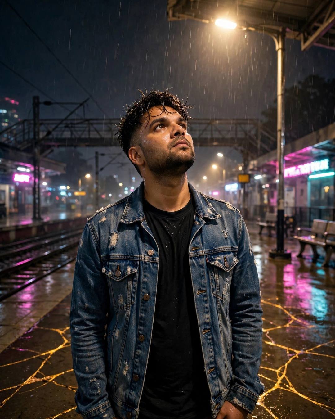 Young man in distressed denim jacket standing in the rain on an empty railway platform at night, face lifted, neon glow