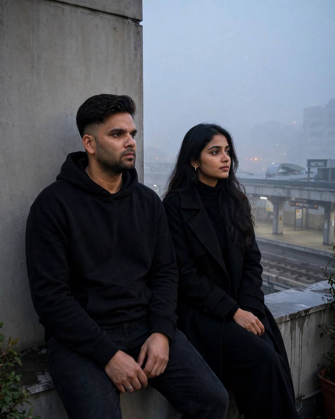 Young Indian couple sitting on a rooftop in the fog, backs against the wall, sharing silence, metro station below