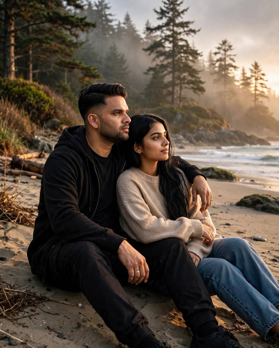 Young Indian couple sitting on the sand watching the waves, his arm around her, misty pine forest and golden light behind