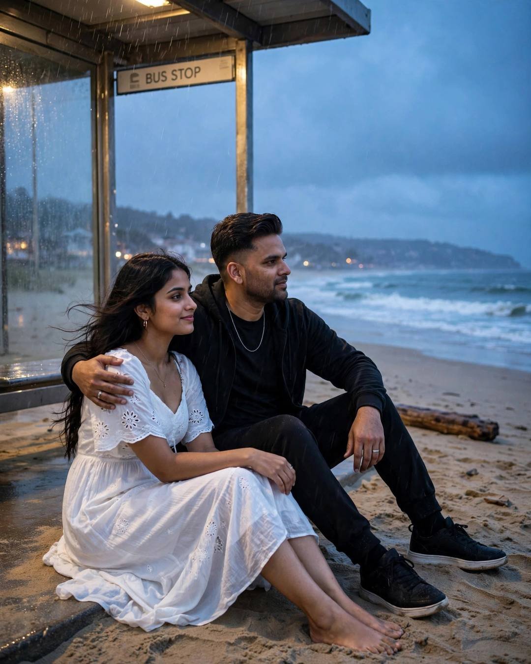 Young Indian couple sitting on the sand at a rainy beach bus stop, his arm around her, watching the waves at blue hour