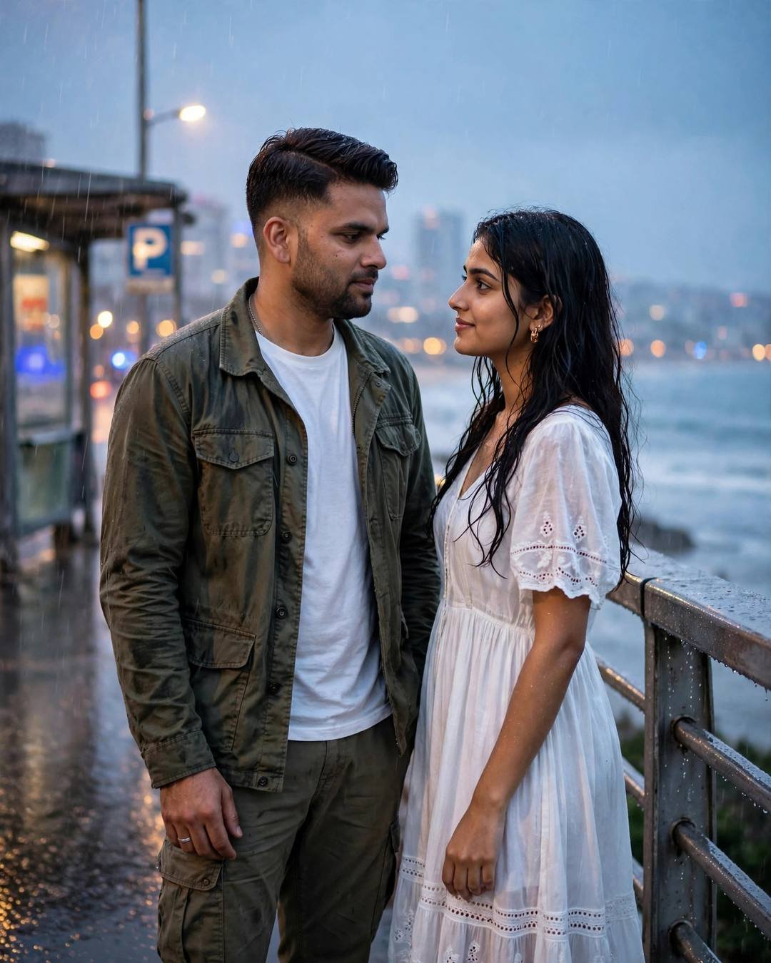 A man in an olive field jacket and a woman in a white summer dress gazing at each other on a rainy bridge at blue hour, city lights blurred behind them.