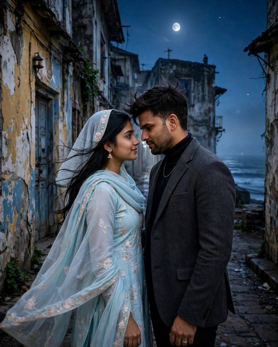 A man in a charcoal blazer and a woman in a pastel embroidered salwar-kameez standing forehead to forehead in a narrow moonlit lane with peeling old walls.