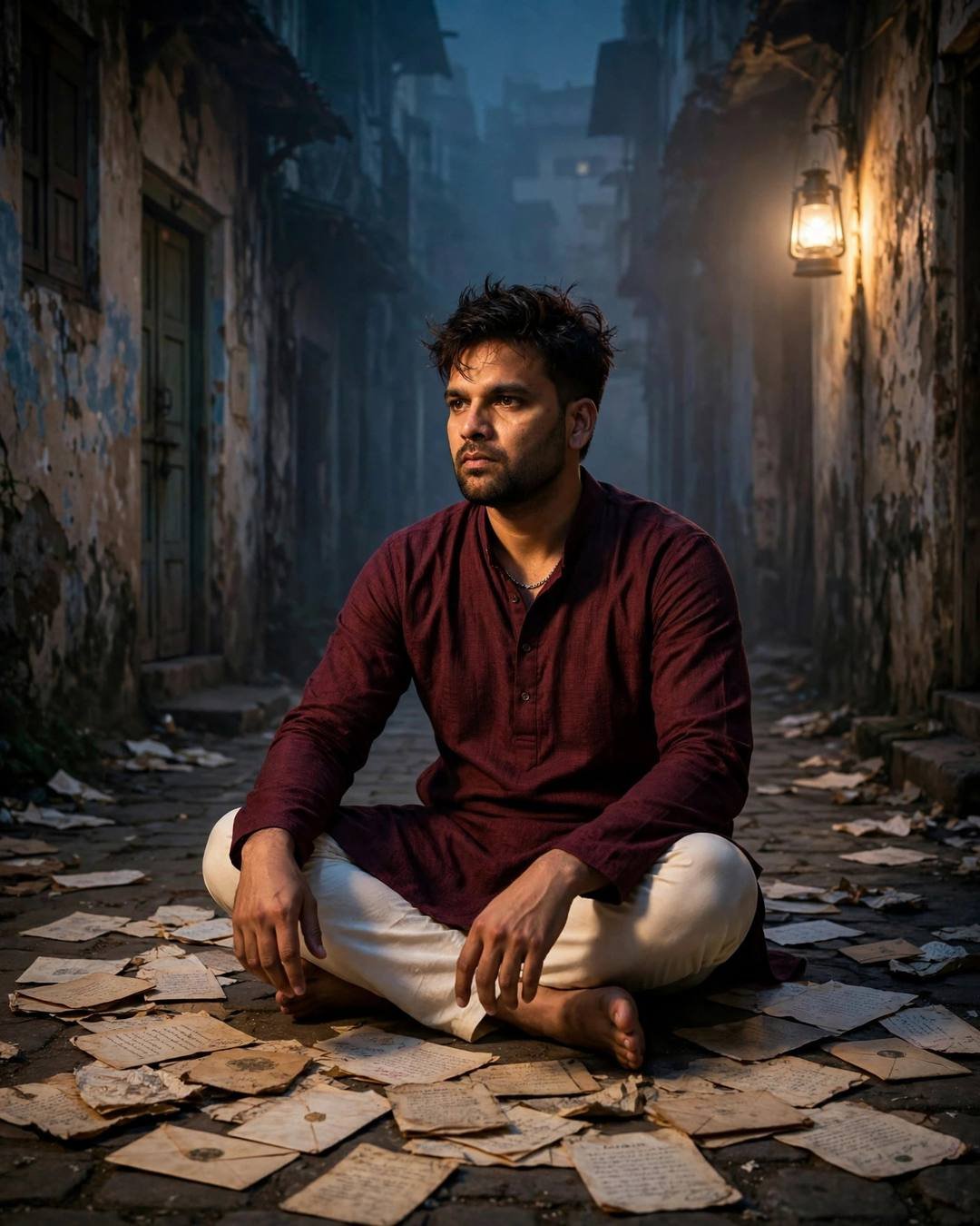 Young Indian man in a maroon kurta and cream churidar sitting cross-legged in a foggy old-city lane surrounded by old letters